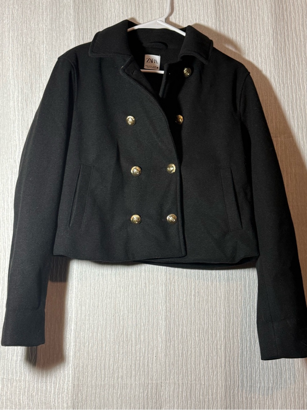 Zara Black Cropped Double-Breasted Pea Coat with Gold Buttons